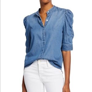 FRAME DENIM, blue denim shirred arms 3/4 length shirt, size large.